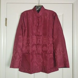 Asian Womens Jacket Size Medium Mandarin Collar Reversble Black Burgundy Brocade